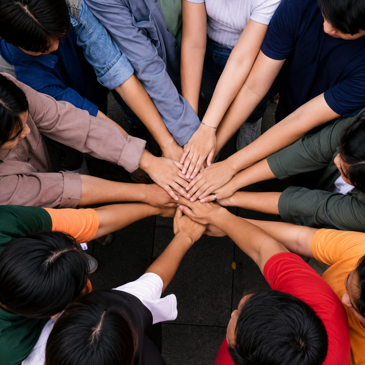 Personas uniendo sus manos como símbolo de colaboración